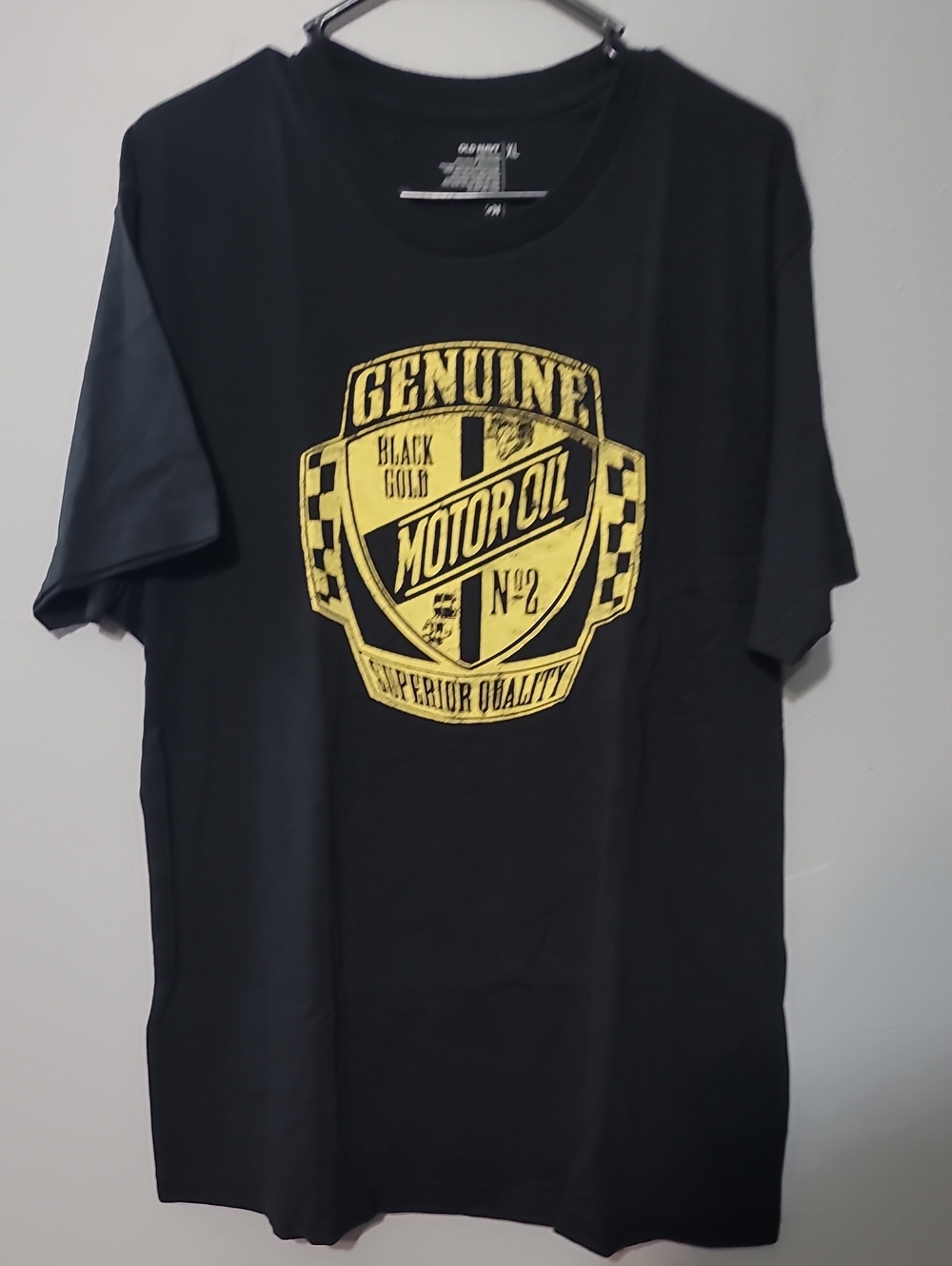 Old Navy Black Short-Sleeve Tee with Yellow Motor Oil Crest